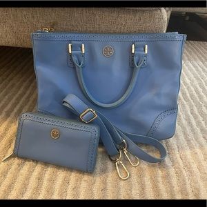 Blue Tory Burch Robinson Tote; FREE matching wallet